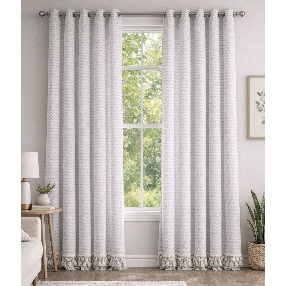 World Market Curtain Panels /w Ties Crinkle Pattern Tassles Ivory (4) 40" X 84"